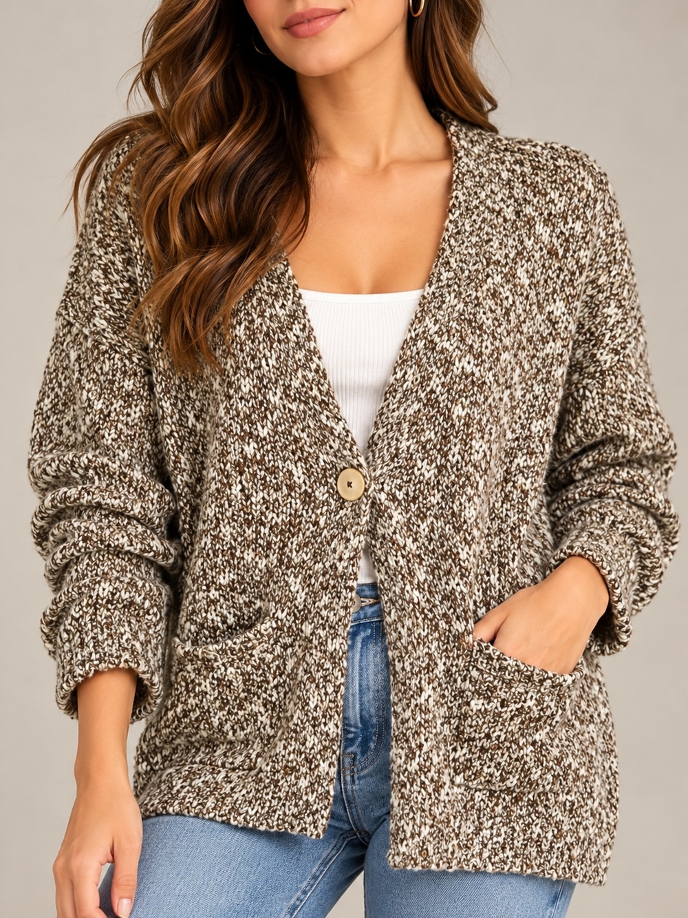 Marled Brown Single-Button Knit Blazer